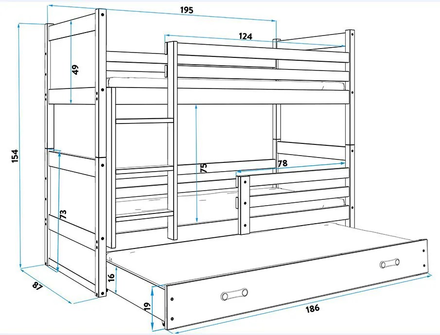 Poschodová posteľ s prístelkou RICO 3 - 190x80cm - Biely - Zelený