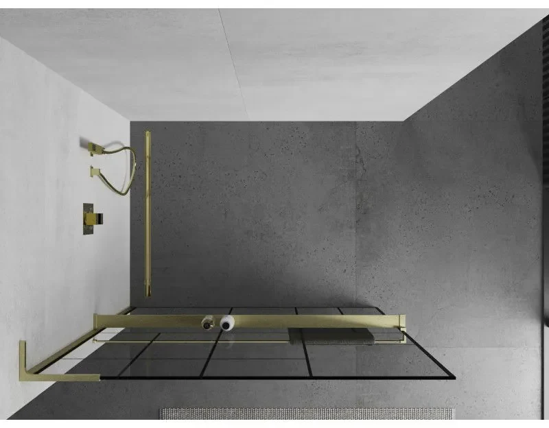 Mexen Kioto+ L, sprchová zástena Walk-In s poličkou a vešiakom 70 x 200 cm, 8mm číre sklo čierny vzor, zlatý matný profil, 800-070-123-55-78
