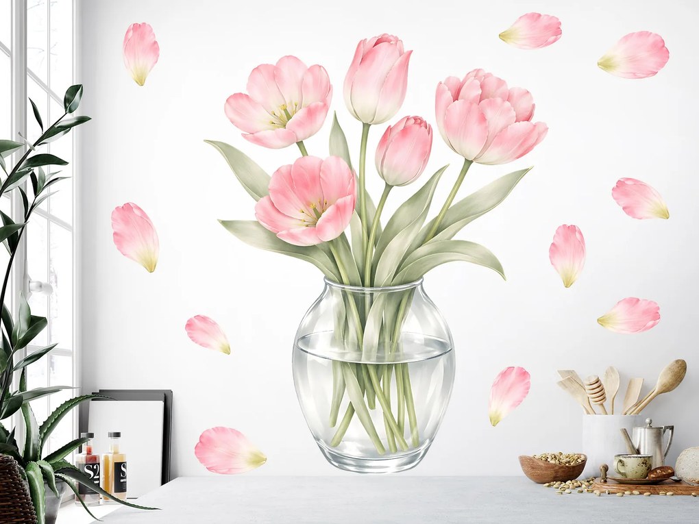 Tulipány vo váze textilní prelepiteľná samolepiaca dekorácia na stenu hárok 36 x 46 cm
