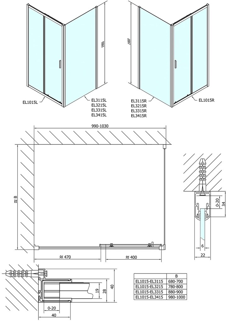 Polysan, Easy Line štvorcová sprchová zástena 1000x1000mm L/P varianta, EL1015EL3415