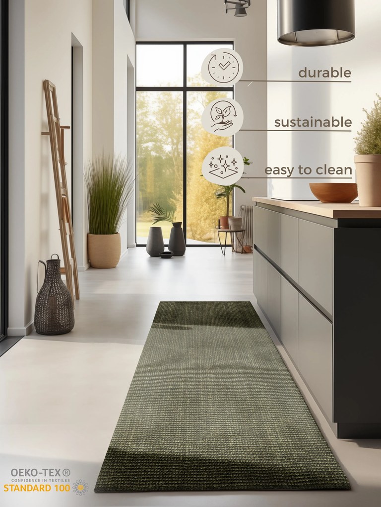 Hanse Home, Koberec behúň Bouclé Jute 105977 Jungle Green, 80x200, zelená, chodba / predsieň