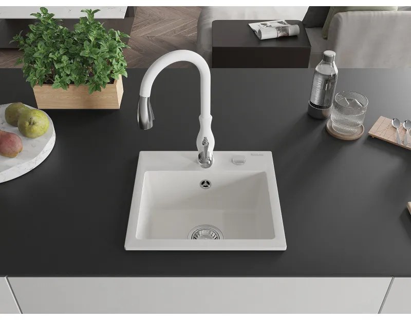 Mexen Milo, 1-komorový granitový drez 435x410x171 mm a drezová batéria Savita, biela, 6505-20-672601-20