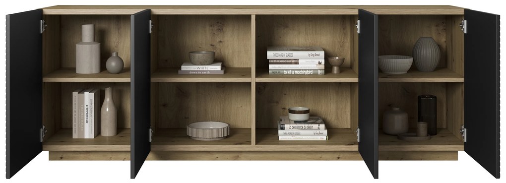 Komoda Asha 200 cm s ryhovanými dvierkami - artisan / čierny mat