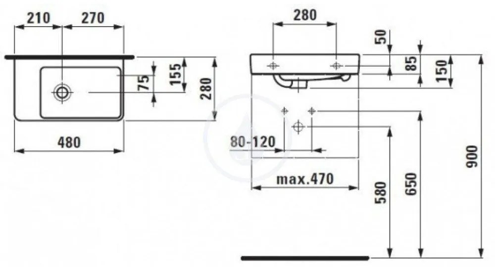 LAUFEN Pro S Umývadielko, 480 mm x 280 mm, bez otvoru na batériu, s LCC, biela H8159554001091