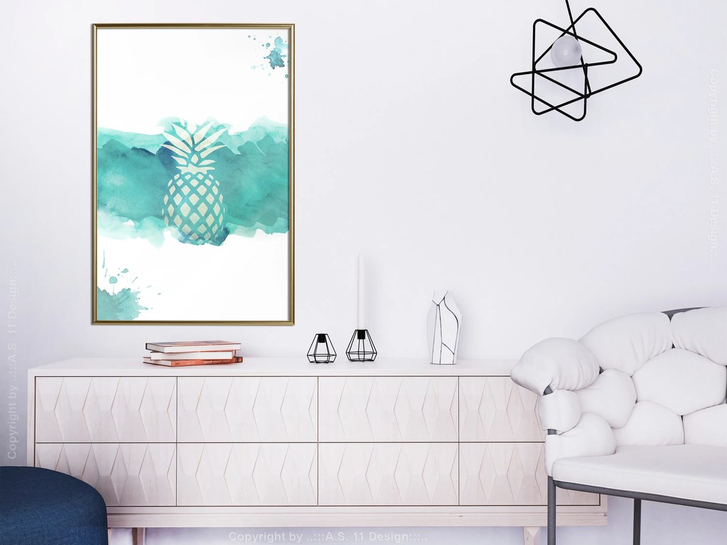 Artgeist Plagát - Pineapple in Watercolours [Poster] Veľkosť: 20x30, Verzia: Čierny rám s passe-partout