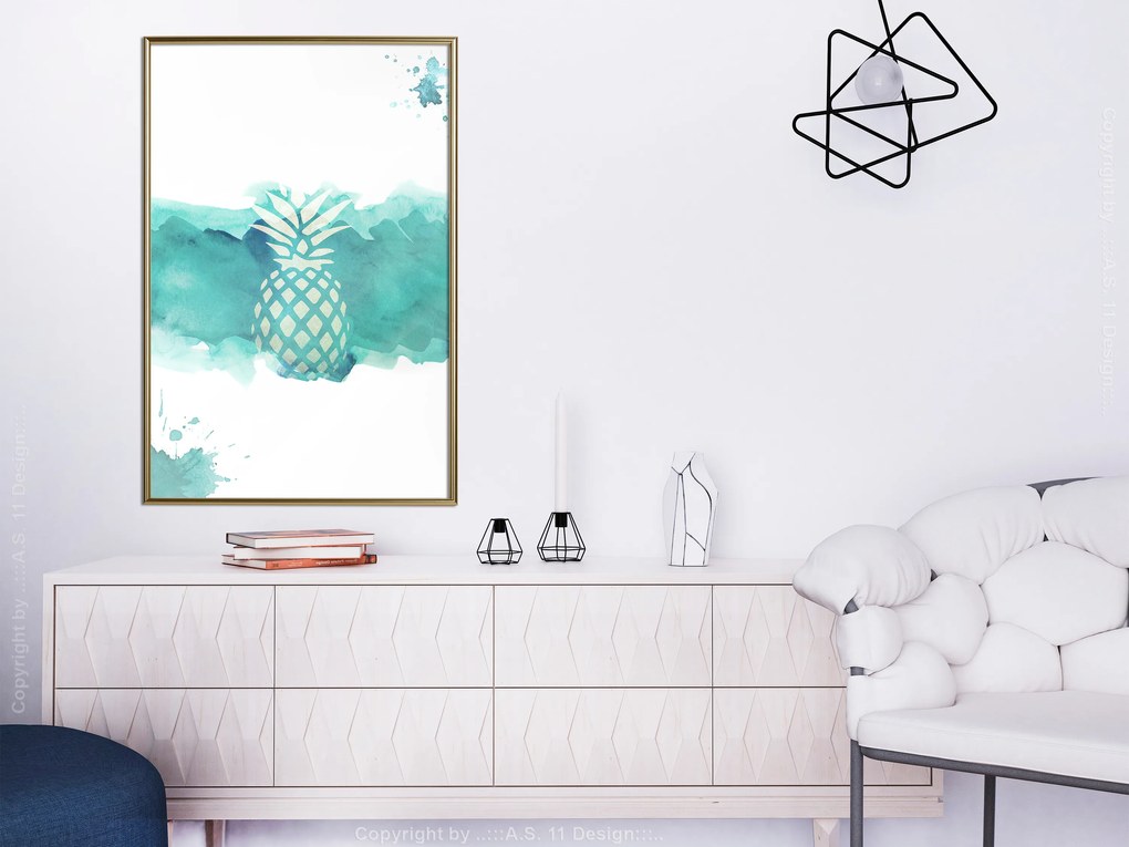 Artgeist Plagát - Pineapple in Watercolours [Poster] Veľkosť: 30x45, Verzia: Zlatý rám s passe-partout