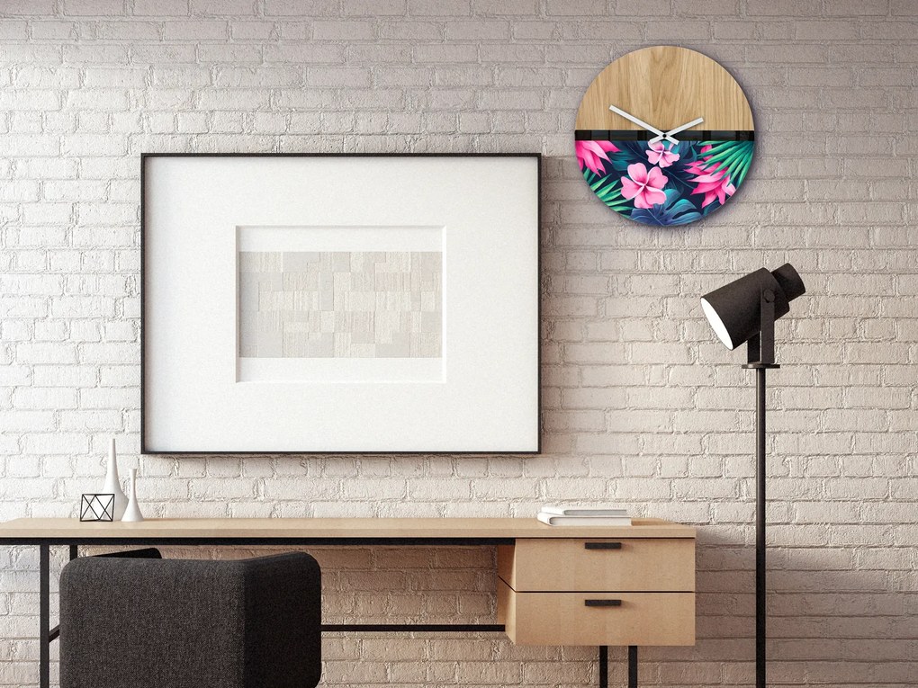 Dřevěné nástěnné hodiny Flower 33 cm dub přírodní/růžové
