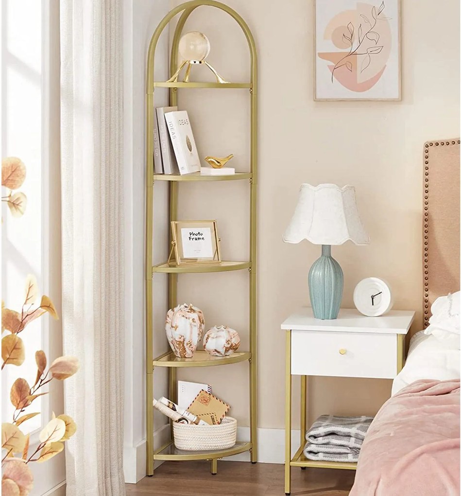 Sklenená rohová polica, 5-úrovňový regál, zlatá farba