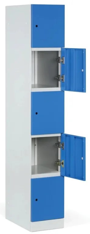 Šatníková skrinka S1 s úložnými boxmi, 5 boxov, 1850 x 300 x 500 mm, demont, otočný zámok, modré dvere