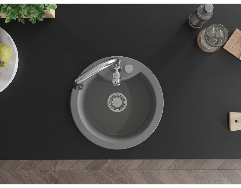 Mexen Diego, 1-komorový granitový drez 488x488x167 mm a drezová batéria Savita, šedá, 6512-71-672601-00