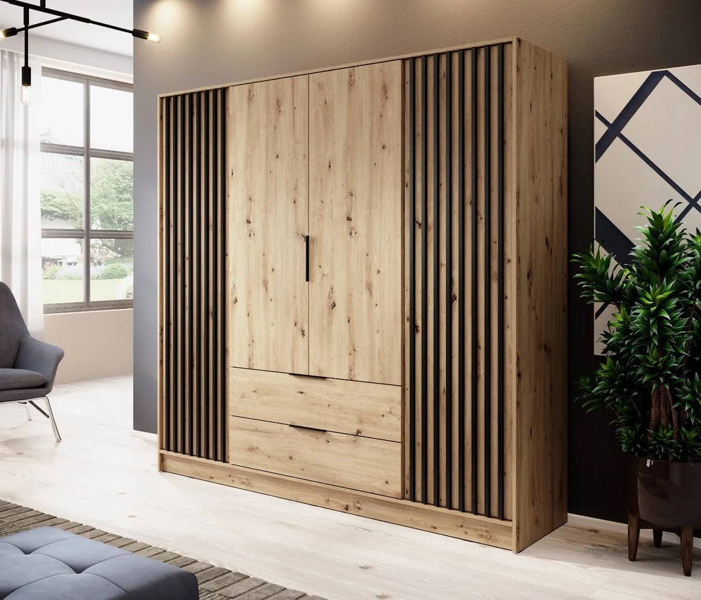 ŠATNÍKOVÁ SKRIŇA LETIZIA III S LAMELAMI DUB ARTISAN / ČIERNÁ 206 cm
