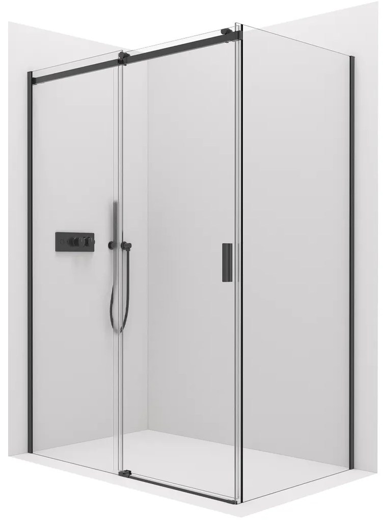 Cerano Santoro, sprchový kút s posuvnými dverami 140(dvere) x 70(stena) x 195 cm, 6mm číre sklo, čierny profil, CER-CER-431518