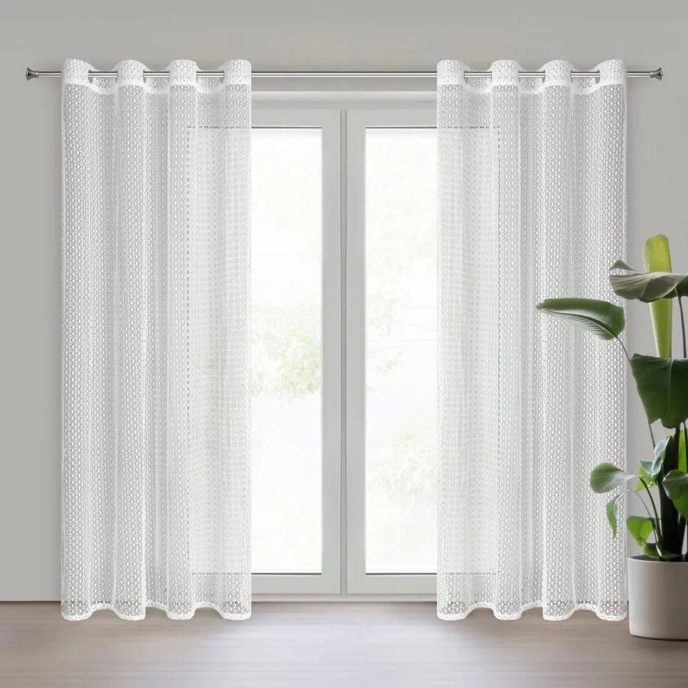 Záclona na kruhy s romantickým háčkovaným ažúrovým vzorom - biela Šírka: 140 cm | Dĺžka: 250 cm