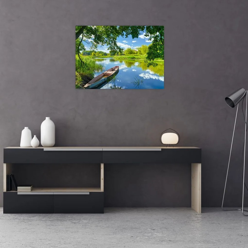 Sklenený obraz letné rieky s loďkou (70x50 cm)