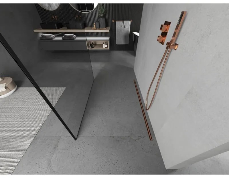 Mexen Kioto, priechodná sprchová zástena 130 x 200 cm, 8mm sklo číre s čiernym rámom, 2x zlatá stabilizačná rozpera, profil ružové zlato, 800-130-002-60-70