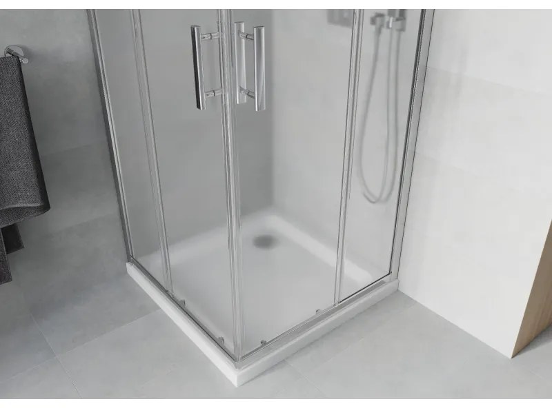 Mexen Rio, štvorcový sprchovací kút s posuvnými dverami 70(dvere) x 70(dvere) x 190 cm, 6mm sklo námraza, chrómový profil + biela sprchová vanička SLIM, 860-070-070-01-30-4010