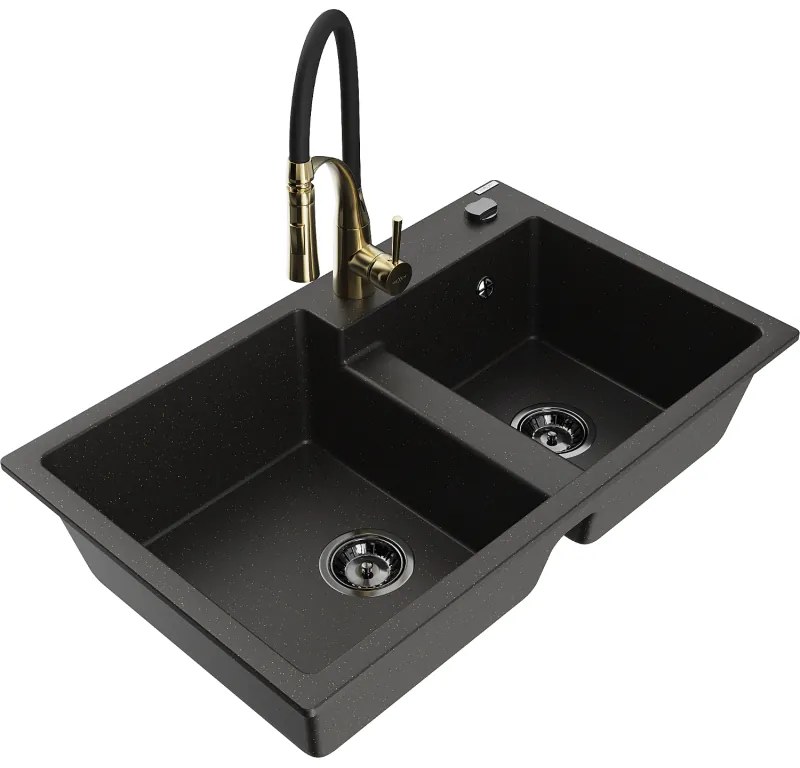 Mexen Tomas, 2-komorový granitový drez 800x500x190 mm a drezová batéria Aster, čierna-zlatá metalíza, 6516-75-73450-57-B