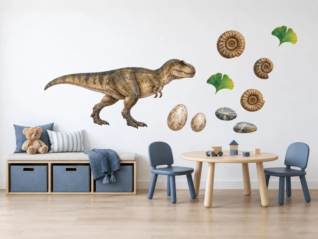 Tyranosaurus medzi skamenelinami realistické nálepky pre malých paleontológov na stenu arch 46 x 29 cm