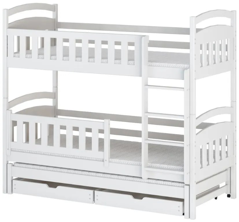 Detská poschodová posteľ z masívu BOHDANA s prístelkou a šuplíky - 200x90 cm - BIELA