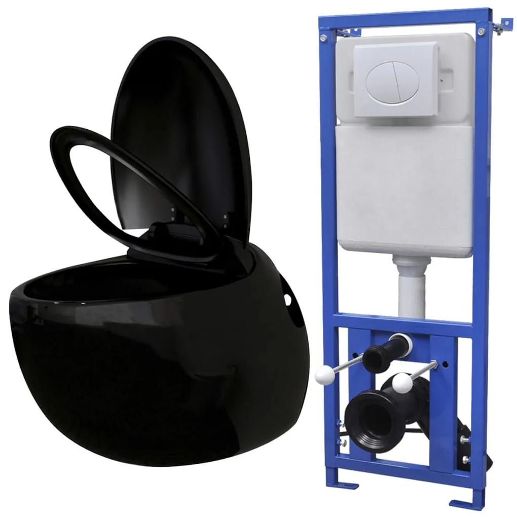 vidaXL Závesné WC v tvare vajca s podomietkovou nádržou, čierne