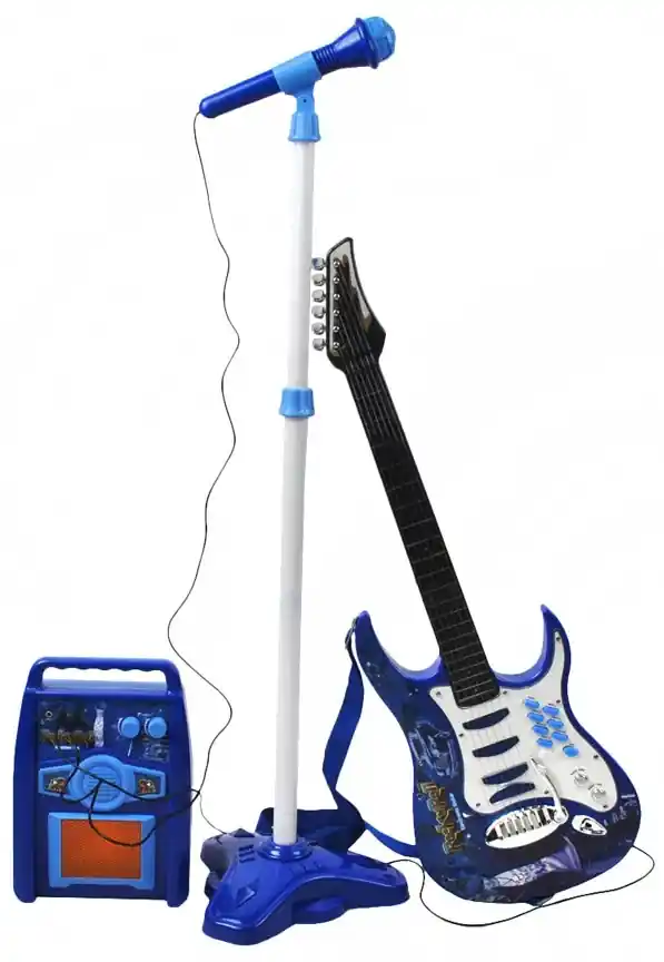 ISO Detská rocková elektrická gitara na batérie + zosilňovač a mikrofón,  modrá, 1554 | Biano