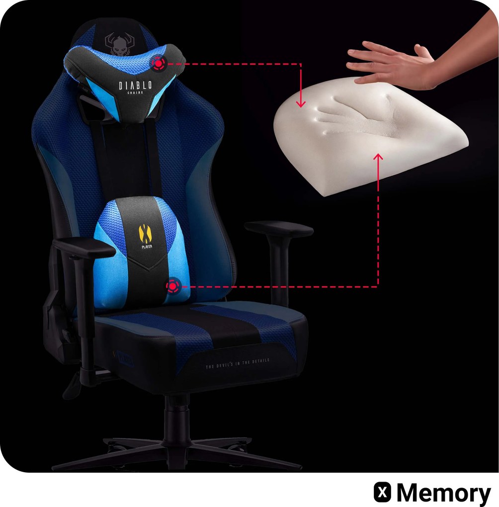 Herné kreslo s látkovým poťahom, veľkosť King Size, modrý-čierny: Diablo X-Player 2.0 Frost Black