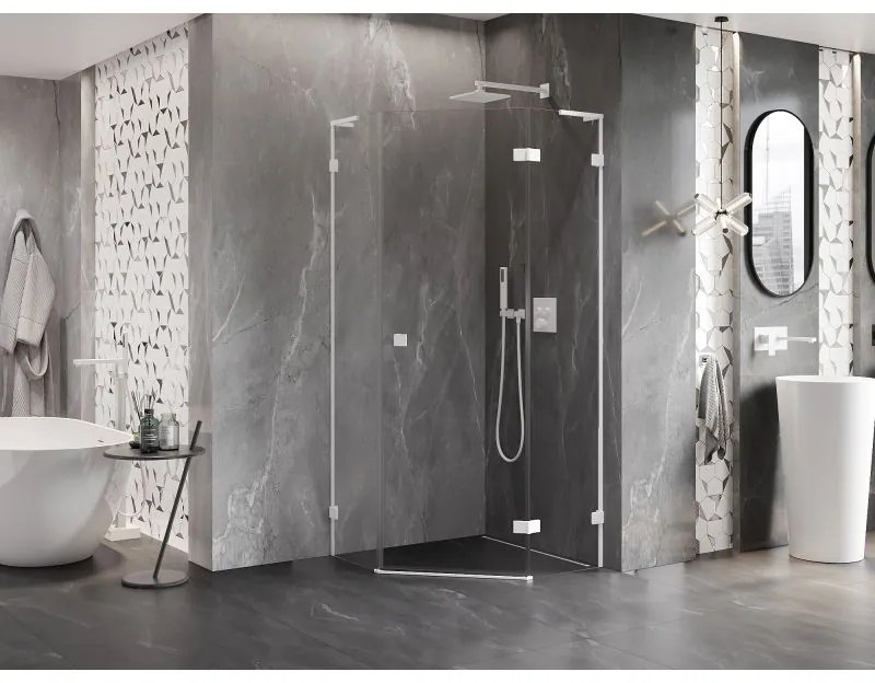 Mexen Lunar, L pravý výklopný päťuholníkový sprchový kút 100 x 100 cm, 8mm číre sklo, biely profil, 831L-100P-100L-20-00-P