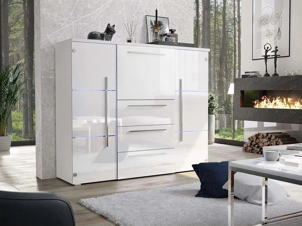 KOMODA BEATE LED BIELA + BIELE ZÁSUVKY VYSOKÝ LESK 136 cm
