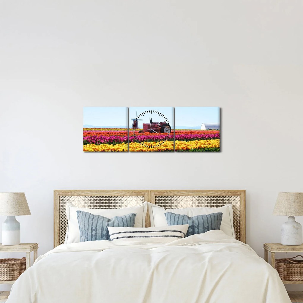 Obraz tulipánové farmy (s hodinami) (90x30 cm)