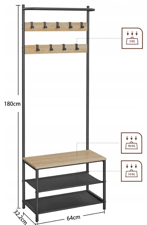 Kovová predsieňová stena LOFT 180 cm, čierna/dub sonoma