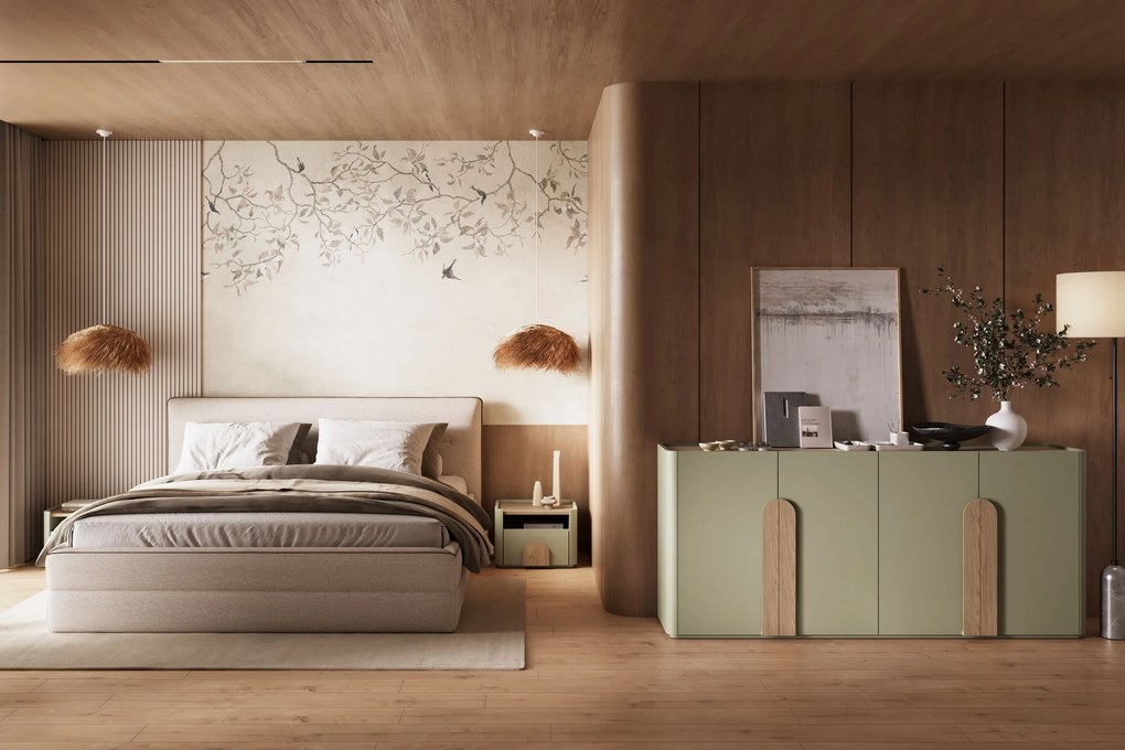 Štvordverová komoda Amilio 200 cm - eukalyptus / dub baltic dune / úchytky dub prírodný