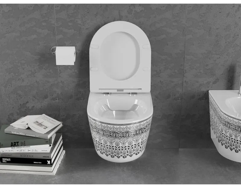 Mexen Lena, závesná WC misa Rimless s duroplastovým sedátkom s pomalým zatváraním, biela-čierny vzor, 30224095