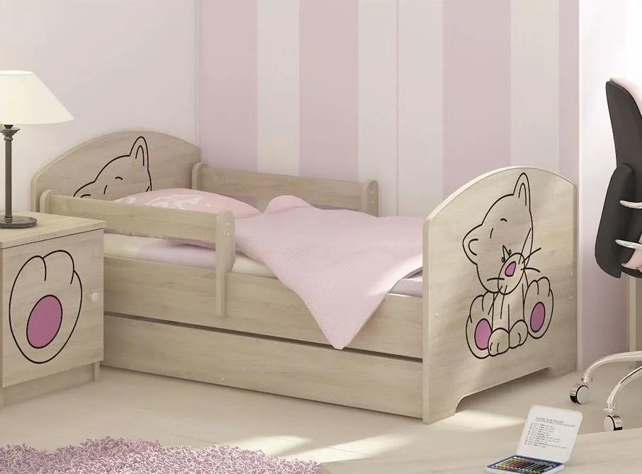 MAXMAX SKLADOM: Detská posteľ s výrezom MAČIČKA sa zásuvkou - ružová 140x70 cm - dub sonoma