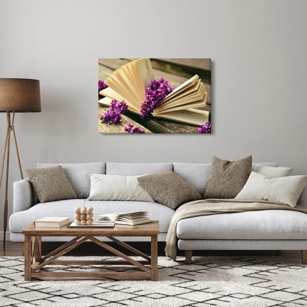Obraz knihy a fialovej kvetiny (90x60 cm)