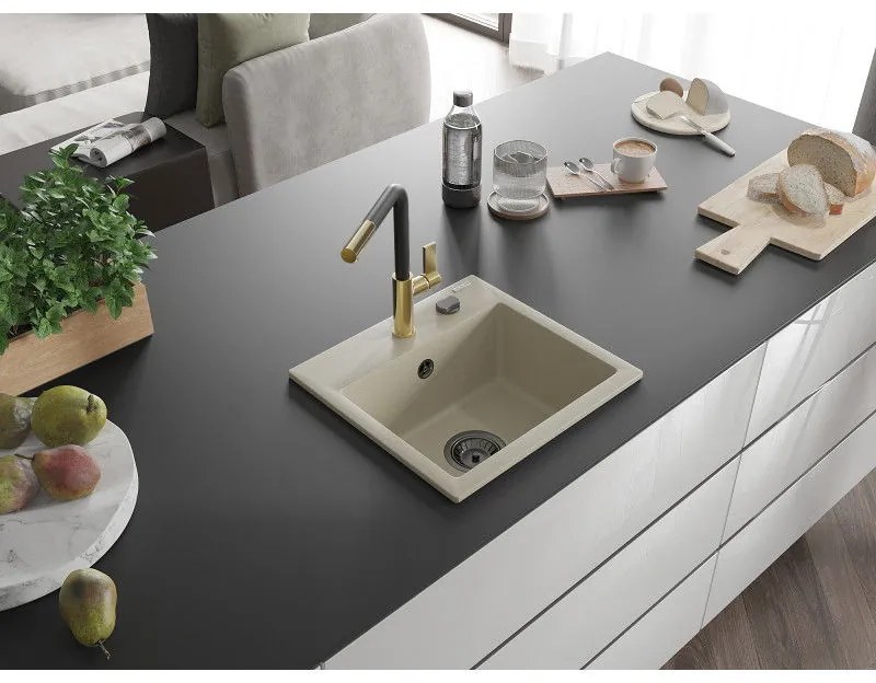Mexen Milo, 1-komorový granitový drez 435x410x171 mm a drezová batéria Flora, béžová, 6505-69-670401-57-B