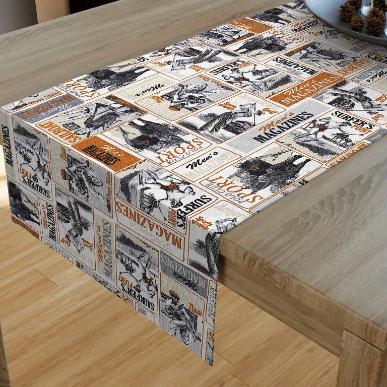 Goldea dekoračný behúň na stôl loneta - vzor retro športové noviny 35x120 cm