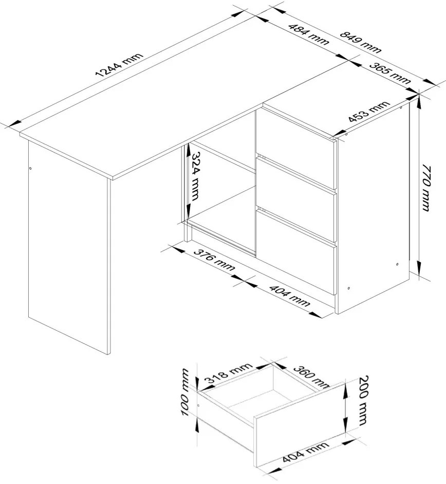 Rohový písací stôl B16 124 cm jelša pravý