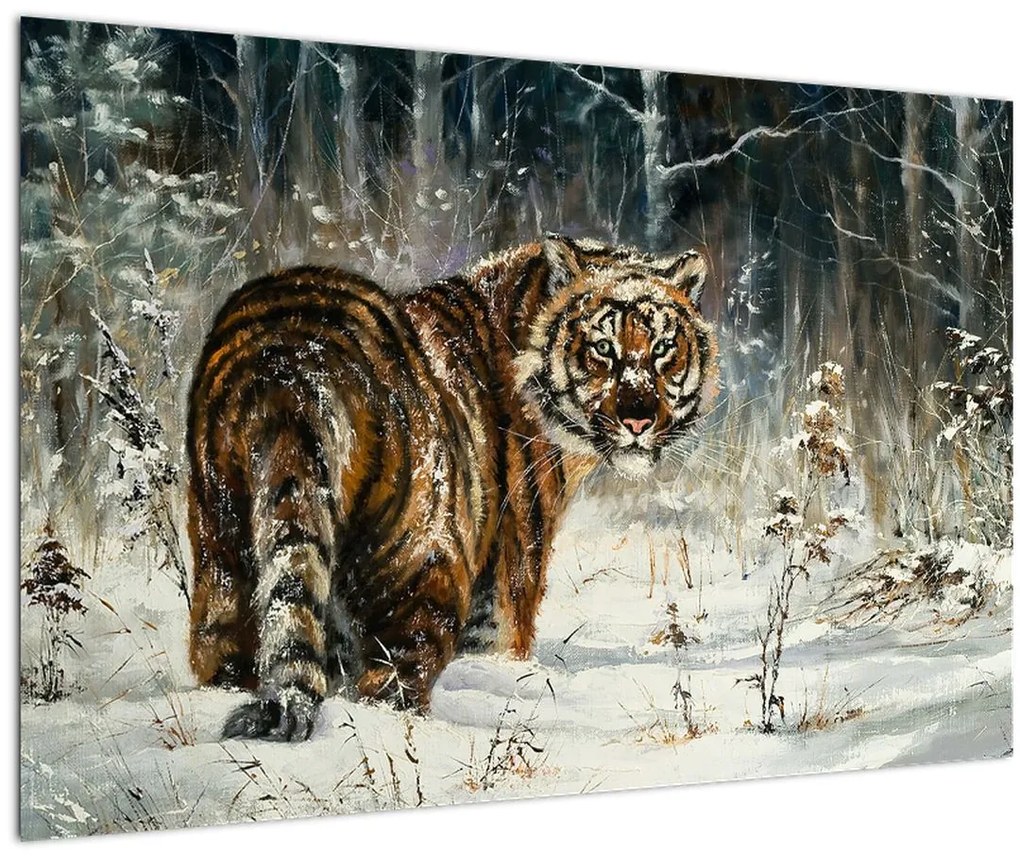 Obraz - Tiger v zasneženom lese, olejomaľba (90x60 cm)