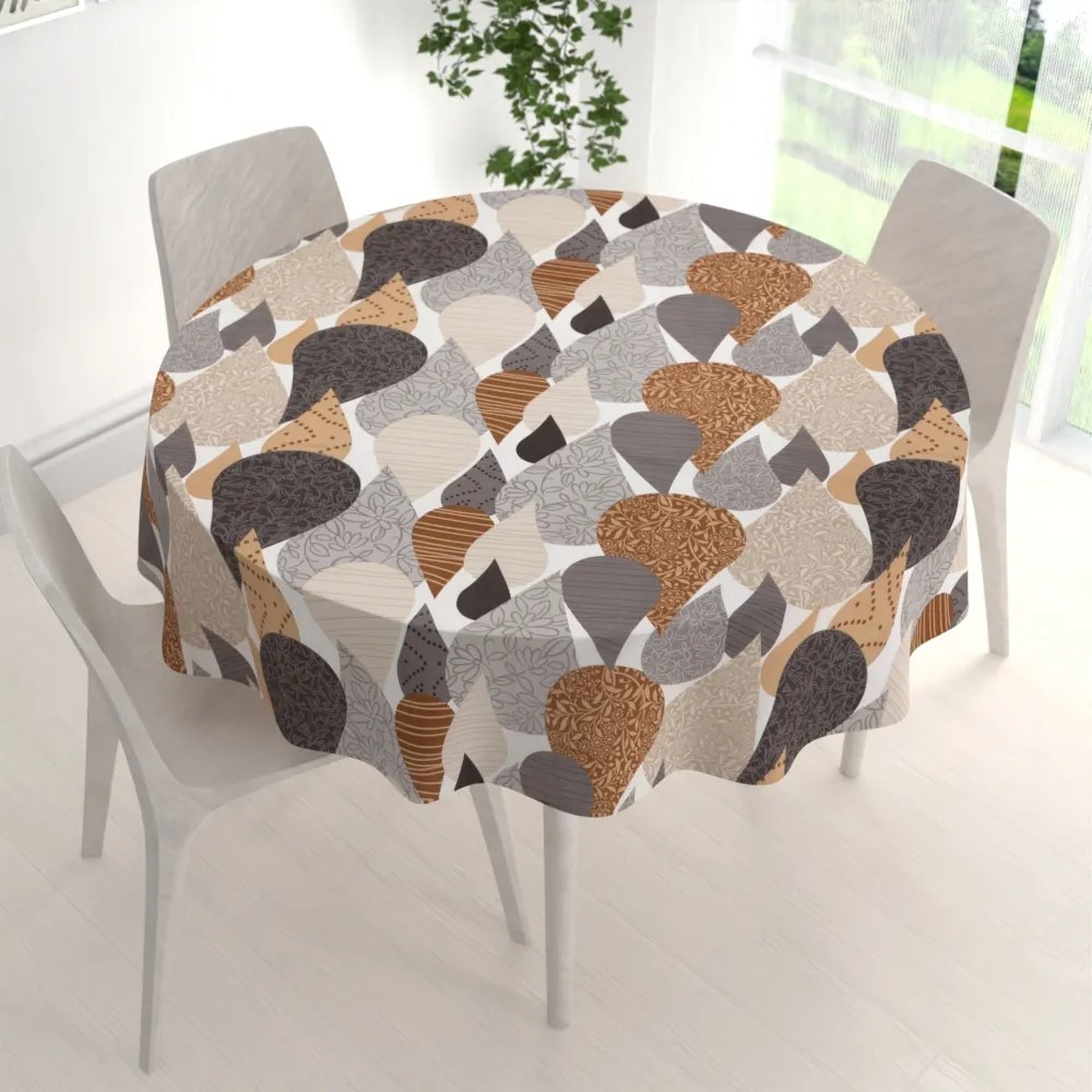 Biante Bavlnený okrúhly obrus Sandra SA-507 Hnedo-sivé kvapky s ornamentami Ø 70 cm