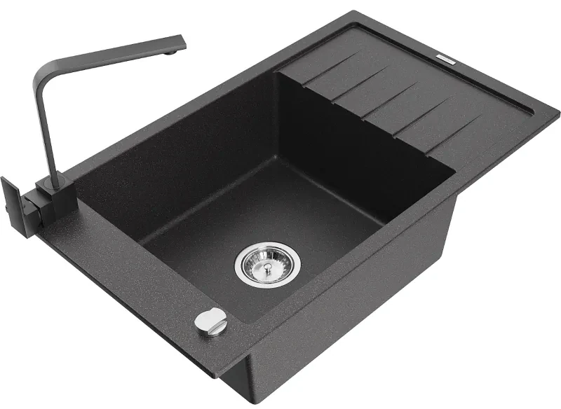 Mexen Elias, granitový drez granitový 795x480x200 mm, 1-komorový, čierna škvrnitá s chrómovým sifónom a čierna drezová batéria Rita, 6511-76-670300-70