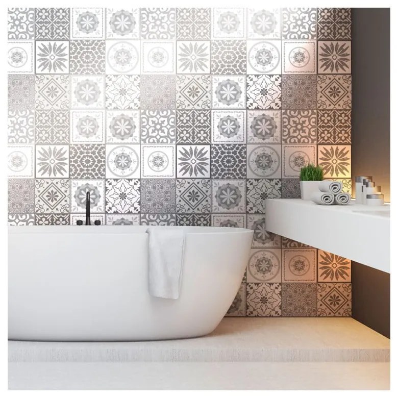 Sada 12 nástenných samolepiek Ambiance Cement Tiles Shades of Gray Cordoba, 10 × 10 cm