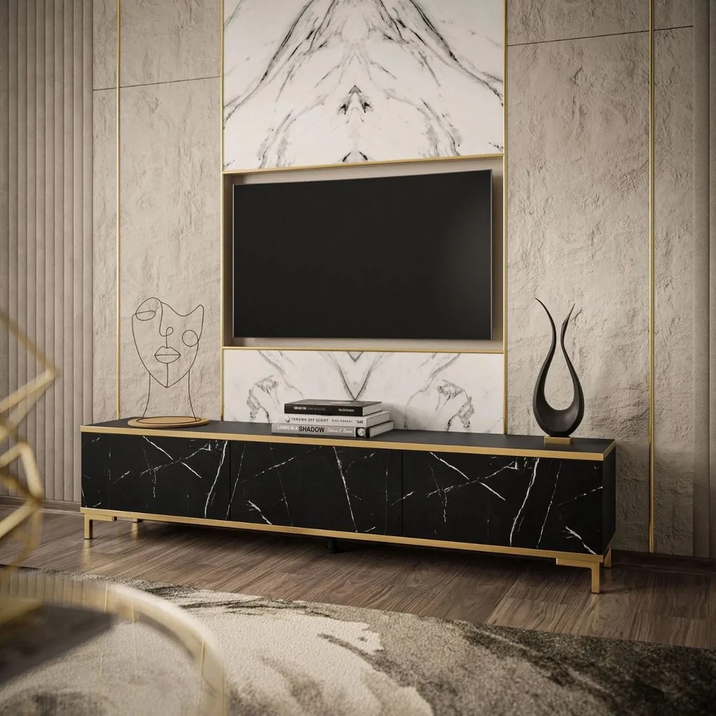 TV STOLÍK DION ČIERNY MRAMOR + ZLATÝ 175 cm ZÁVESNÝ / NOHY