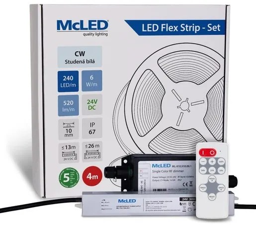 McLED LED páska - sada 4 m + Prijímač Nano IP67, 240 LED/m, CW, 6 W/m, DC 24V, 520 lm/m, CRI90, IP67, 10 mm, vodič 3 m ML-126.032.90.S04002