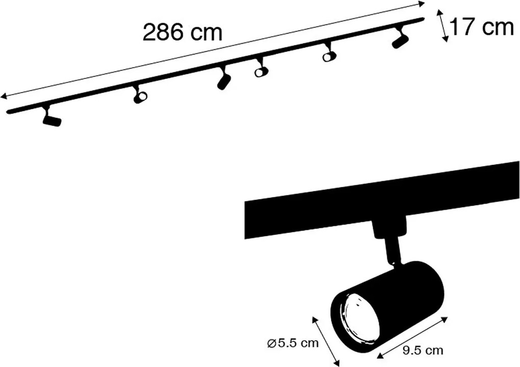 Moderný koľajnicový systém s 6 bielymi bodovými svetlami 1-fázový 300 cm - Iconic Jeana