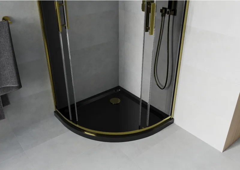 Mexen Rio, štvrťkruhový sprchovací kút s posuvnými dverami 80(dvere) x 80(dvere) x 190 cm, 6mm šedé sklo, zlatý profil + čierna sprchová vanička SLIM, 863-080-080-50-40-4170G