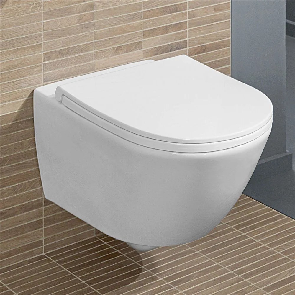 VILLEROY &amp; BOCH Universo TwistFlush Combi-Pack, závesné WC s TwistFlush + WC sedátko s poklopom SlimSeat Line, s QuickRelease a Softclosing, biela alpská, s povrchom CeramicPlus, 4670T9R1