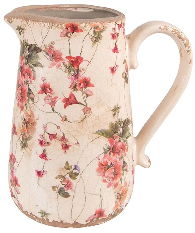 Béžový keramický dekoračný džbán s výraznými kvetmi - 20*14*23 cm