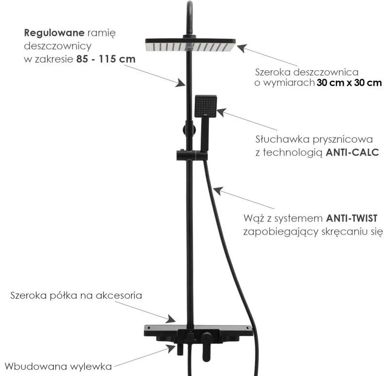 Erga Oslo, sprchová súprava s pákovou batériou, policou a dažďovou hlavicou 30x30 cm, čierna matná, ERG-YKA-BP.OSLO-30-BLK