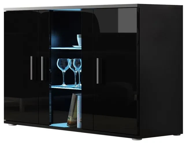 Komoda Boho B7, Osvetlenie: osvetlenie LED modré, Farby: čierny / čierny lesk