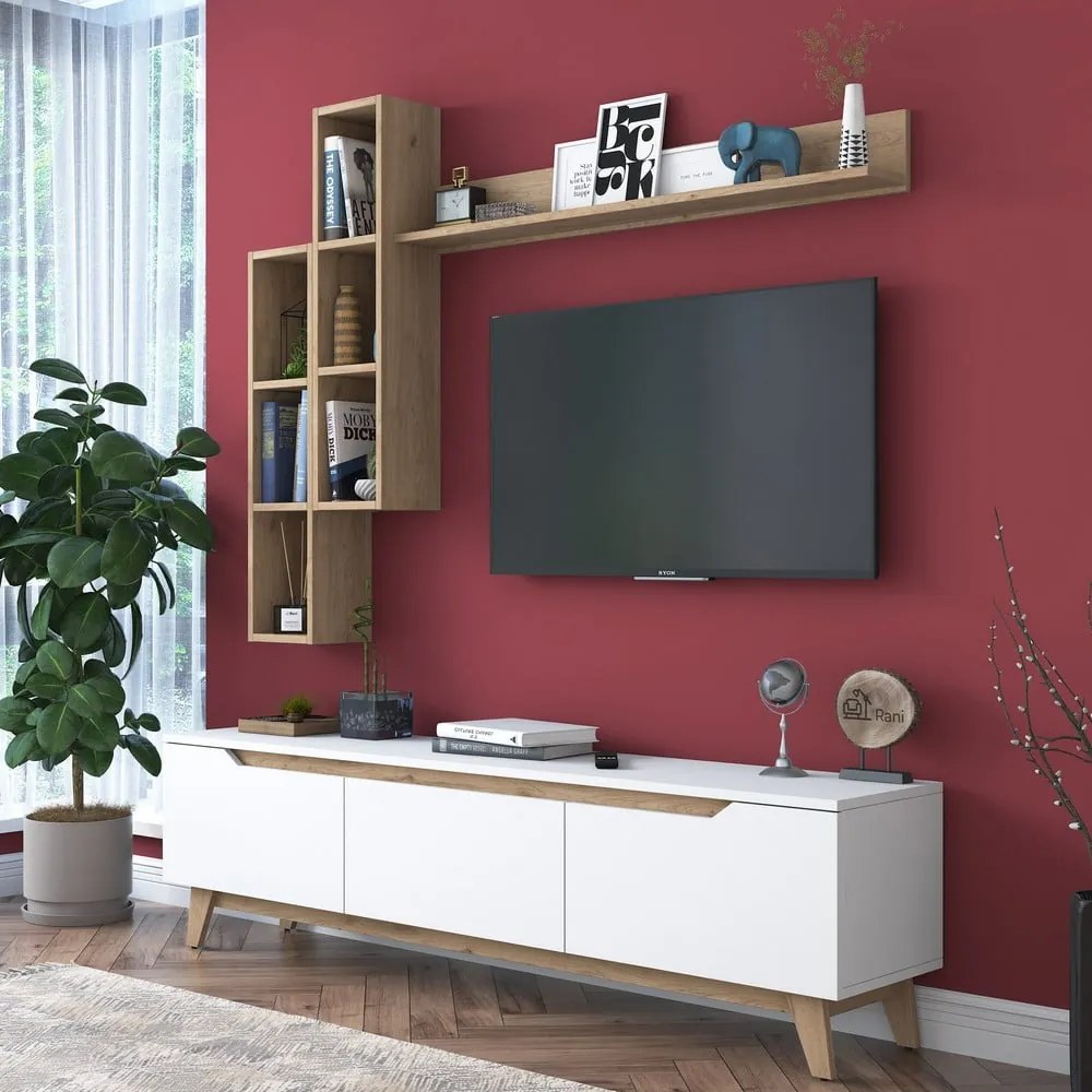 TV zostava v dekore orecha v bielo-prírodnej farbe 180x49 cm Linh – Kalune Design